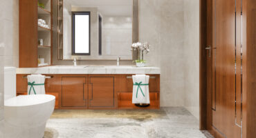 3d rendering modern design and marble tile toilet and bathroom with shelf