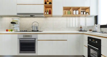 3d rendering modern kitchen counter with white and biege design